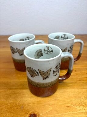 Vintage Set Of 3 Otagiri Japan Seashell Nautical Stoneware Mugs Coffee 3.5"